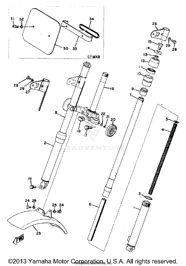 Front Fork - Front Fender GT80B - 1975 Schematic