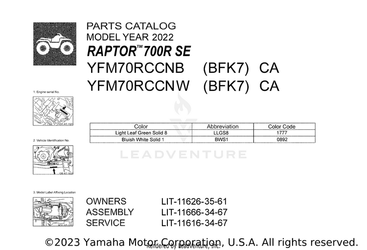 1 Title Page RAPTOR 700R SE CALIF - YFM70RCCNB - 2022 Schematic