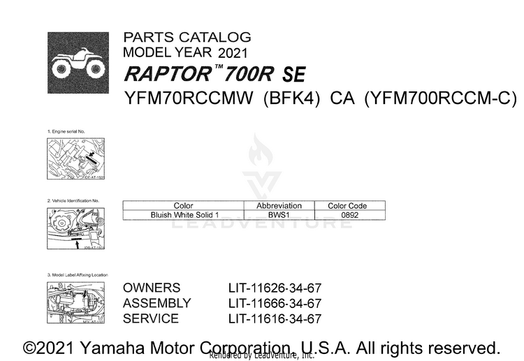 1 Title Page RAPTOR 700R SPECIAL - YFM70RCCMW - 2021 Schematic