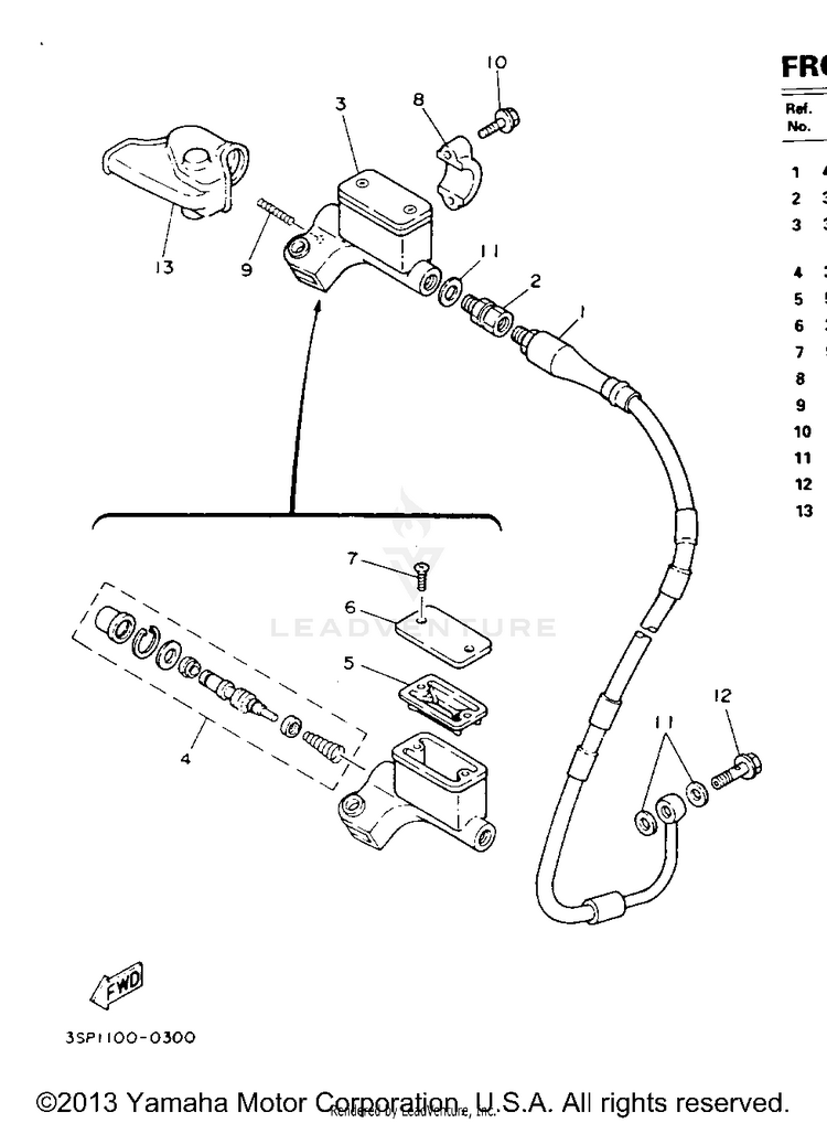 Front Master Cylinder YZ250E - 1993 Schematic