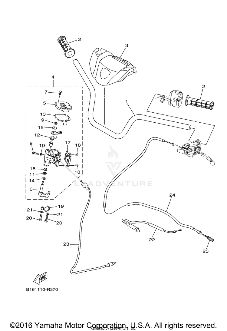 Steering Handle Cable KODIAK 700 4WD - YFM70KDXGG - 2016 Schematic