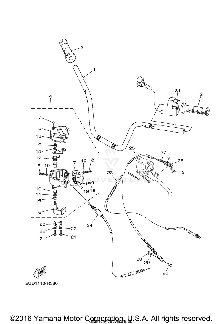 Steering Handle Cable GRIZZLY 4WD - YFM70GDXGG - 2016 Schematic