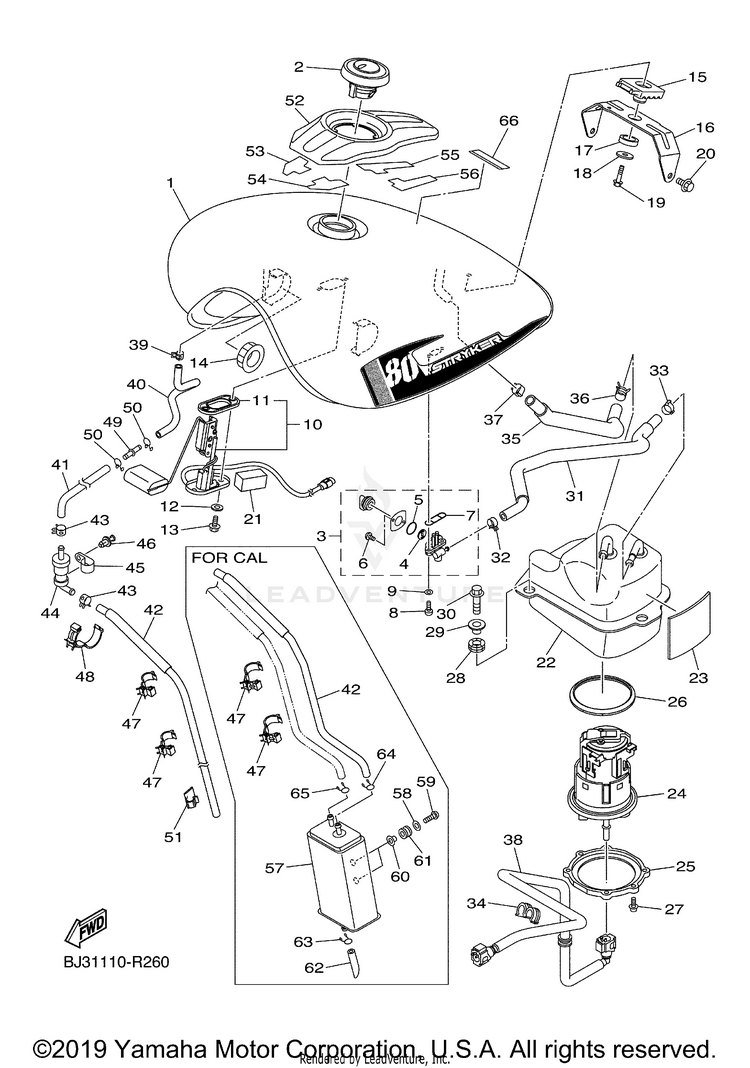 Fuel Tank STRYKER BULLET COWL - XVS13CGCGY - 2016 Schematic