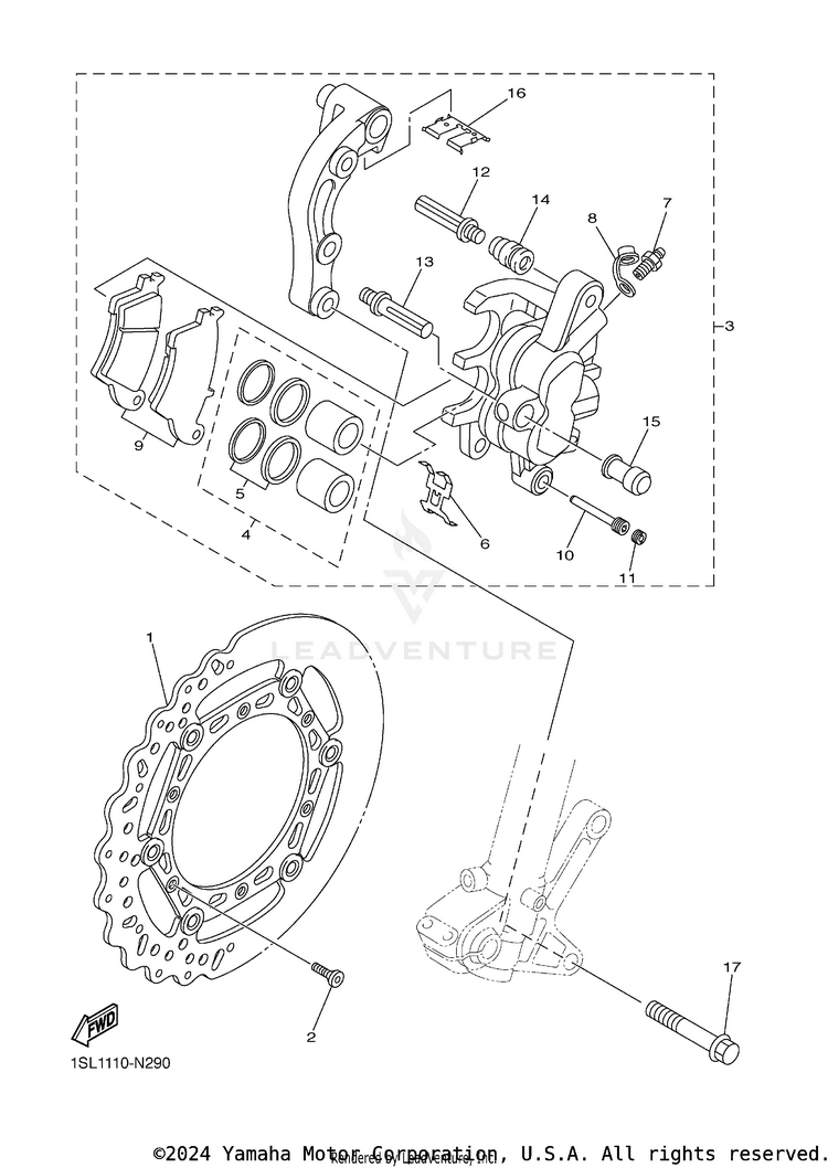 Front Brake Caliper YZ450F - YZ450FFL - 2015 Schematic