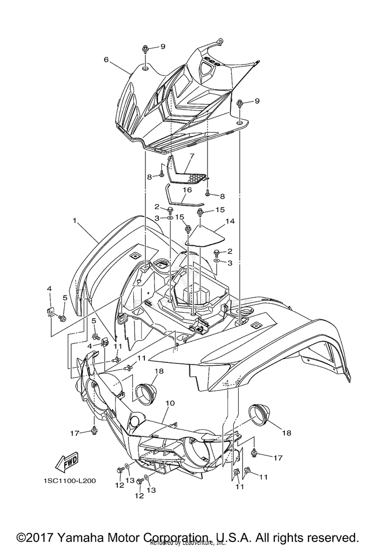 Front Fender GRIZZLY 300 - YFM30GBGR - 2012 Schematic