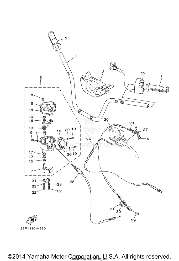 Steering Handle & Cable GRIZZLY 700 FI 4WD - YFM7FGZB - 2010 Schematic