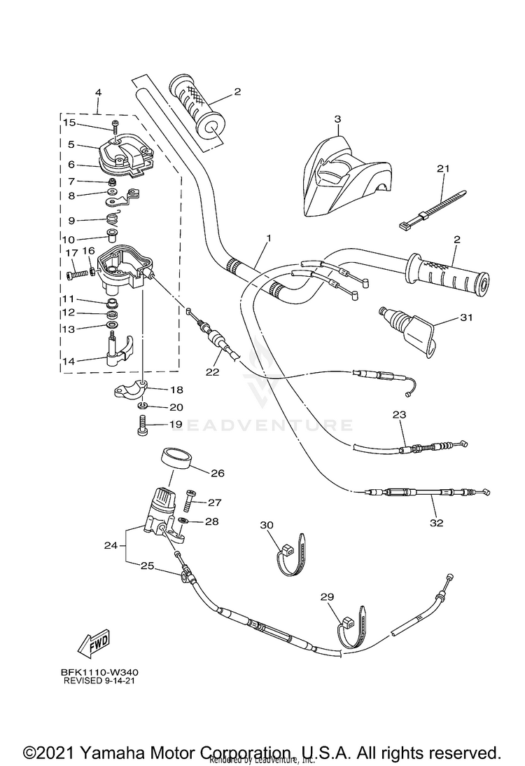 Steering Handle Cable RAPTOR 700R - YFM70RSCML - 2021 Schematic