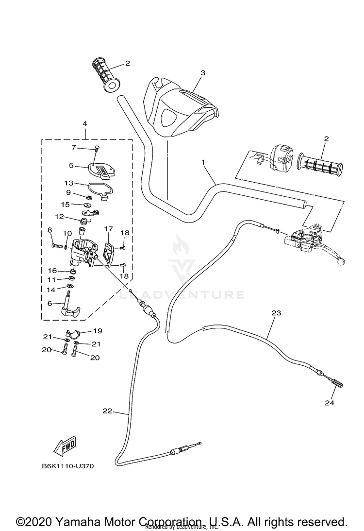Steering Handle Cable KODIAK 700 4WD - YFM70KDXLG - 2020 Schematic