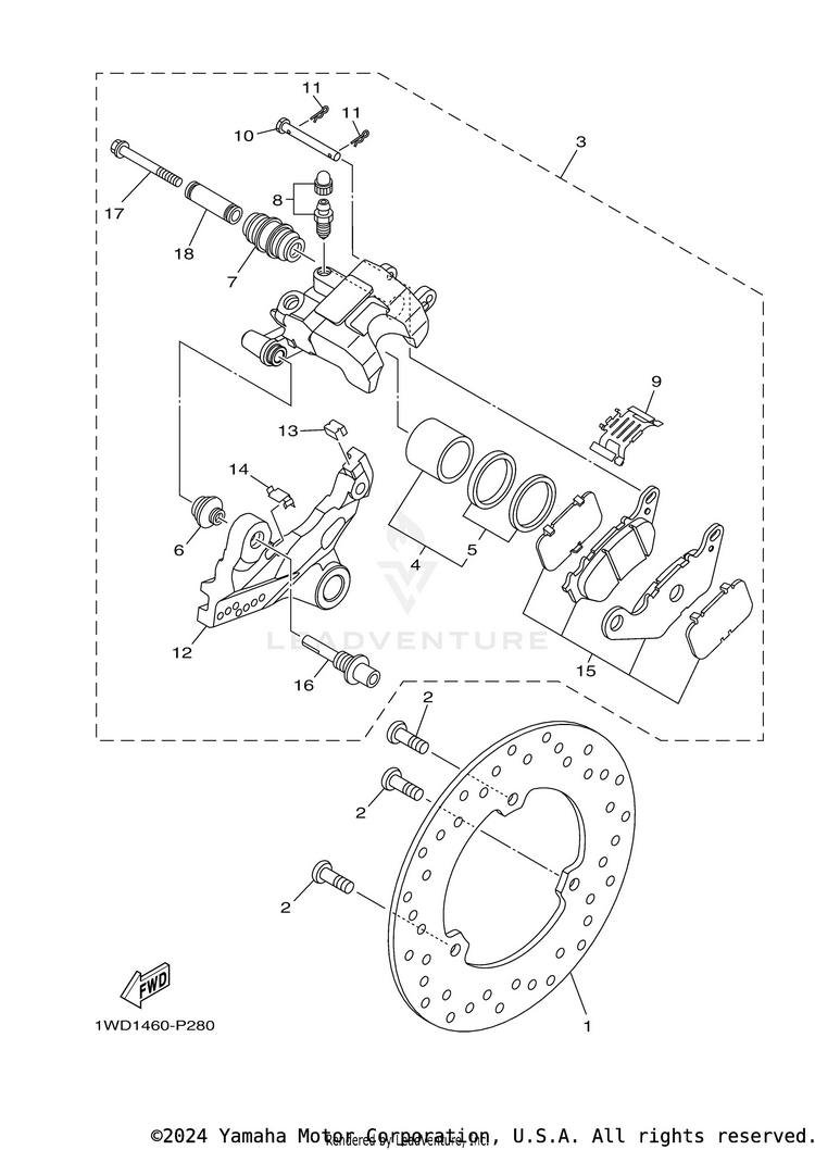 Rear Brake Caliper YZFR3 - YZFR3LL - 2020 Schematic