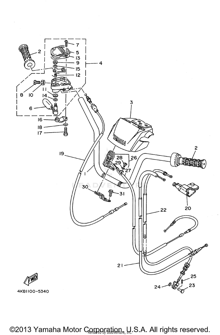 Steering Handle - Cable WOLVERINE 4WD - YFM350FXH - 1996 Schematic