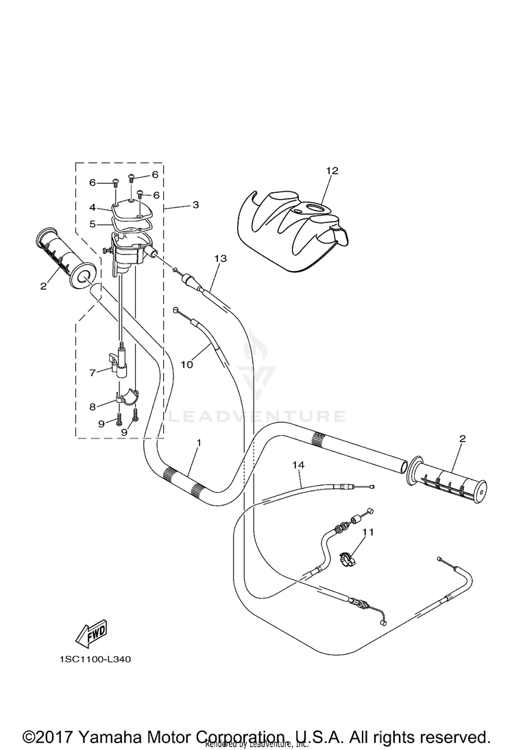 Steering Handle Cable GRIZZLY 300 - YFM30GBGR - 2012 Schematic