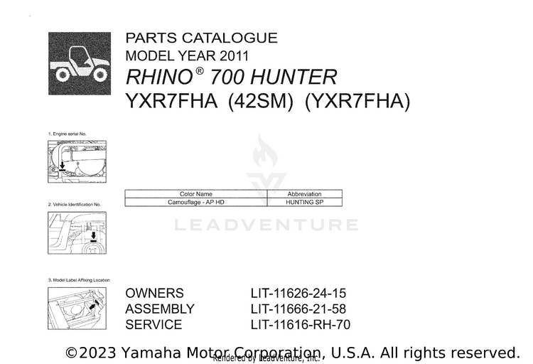 1 Title Page RHINO 700 HUNTER - YXR7FHA - 2011 Schematic