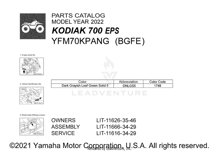 1 Title Page KODIAK 700 EPS - YFM70KPANG - 2022 Schematic